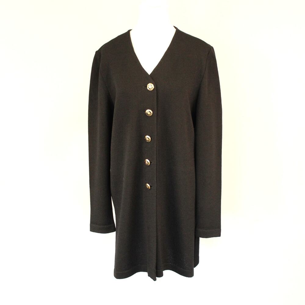 St John Basics Blk Santana Knit w/Gold Tone Crest Logo Button Cardigan Jacket LG
